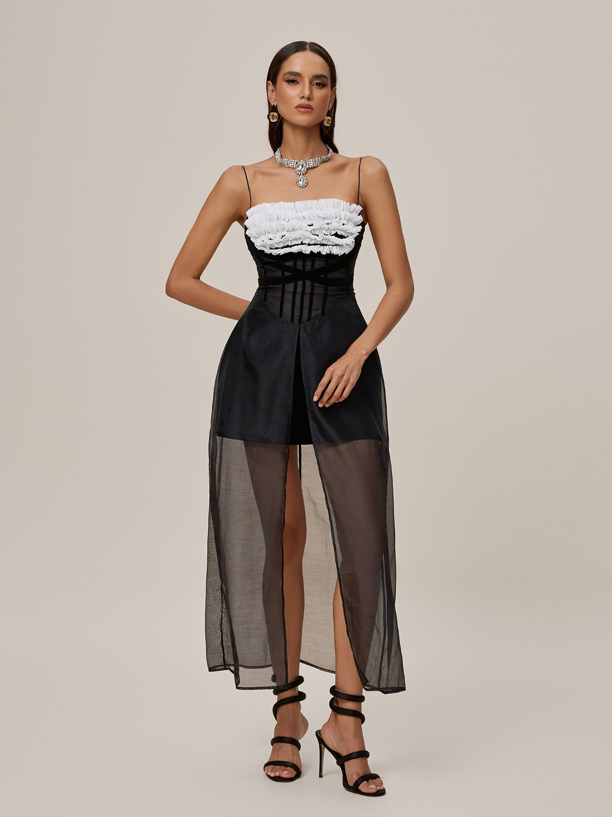 Spaghetti Strap Corset Ruffle Bust Sheer Tulle Front Split Overlay Maxi Dress 2