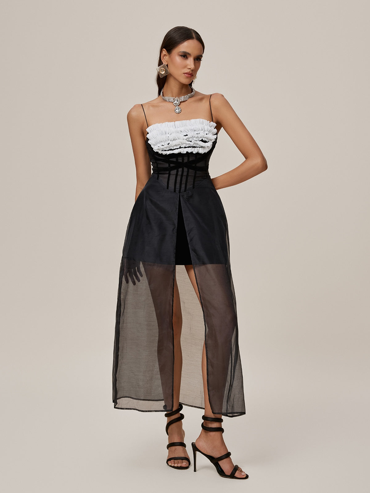 Spaghetti Strap Corset Ruffle Bust Sheer Tulle Front Split Overlay Maxi Dress 5