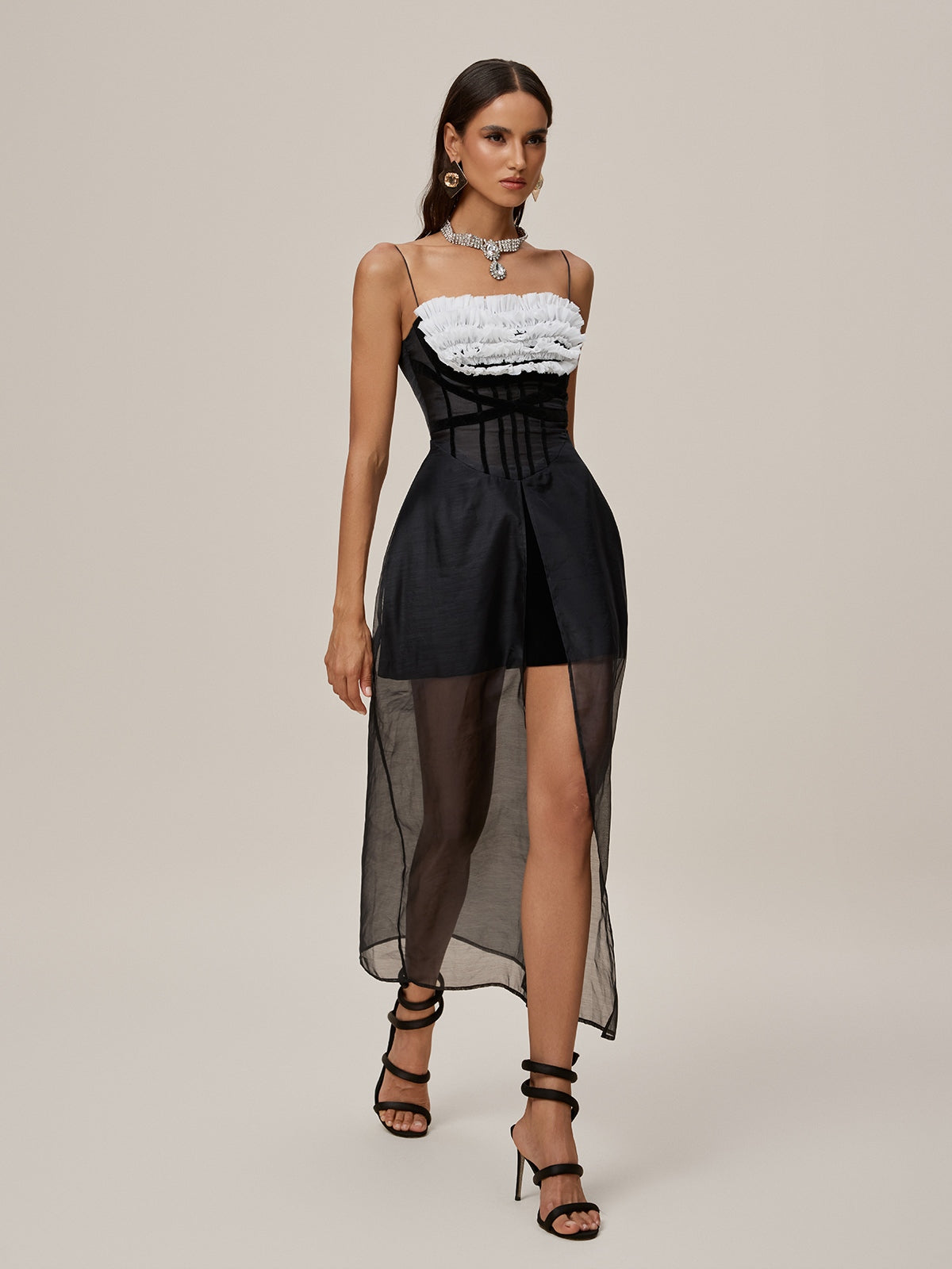 Spaghetti Strap Corset Ruffle Bust Sheer Tulle Front Split Overlay Maxi Dress 4