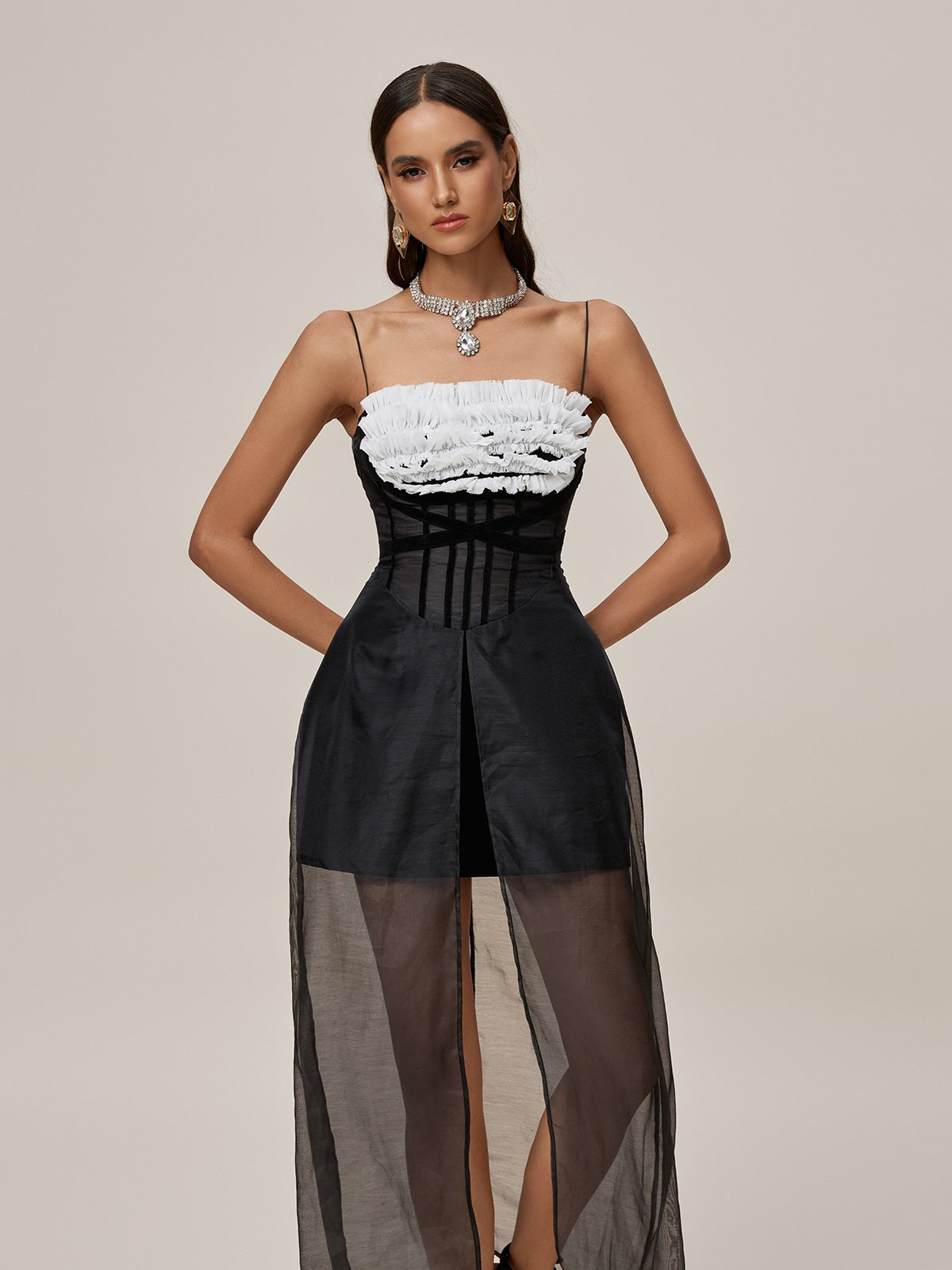 Spaghetti Strap Corset Ruffle Bust Sheer Tulle Front Split Overlay Maxi Dress 3