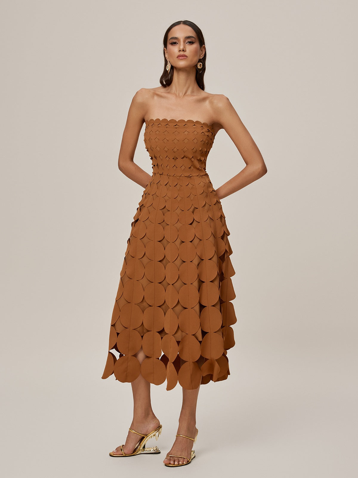 Strapless Laser Cut Circular Applique Scalloped Neckline Midi Dress 2