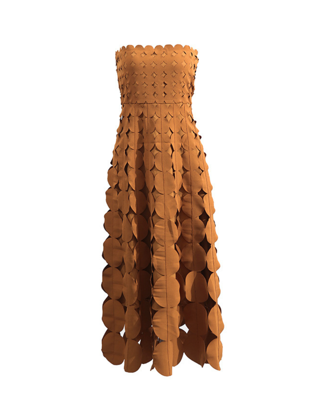 Strapless Laser Cut Circular Applique Scalloped Neckline Midi Dress 7