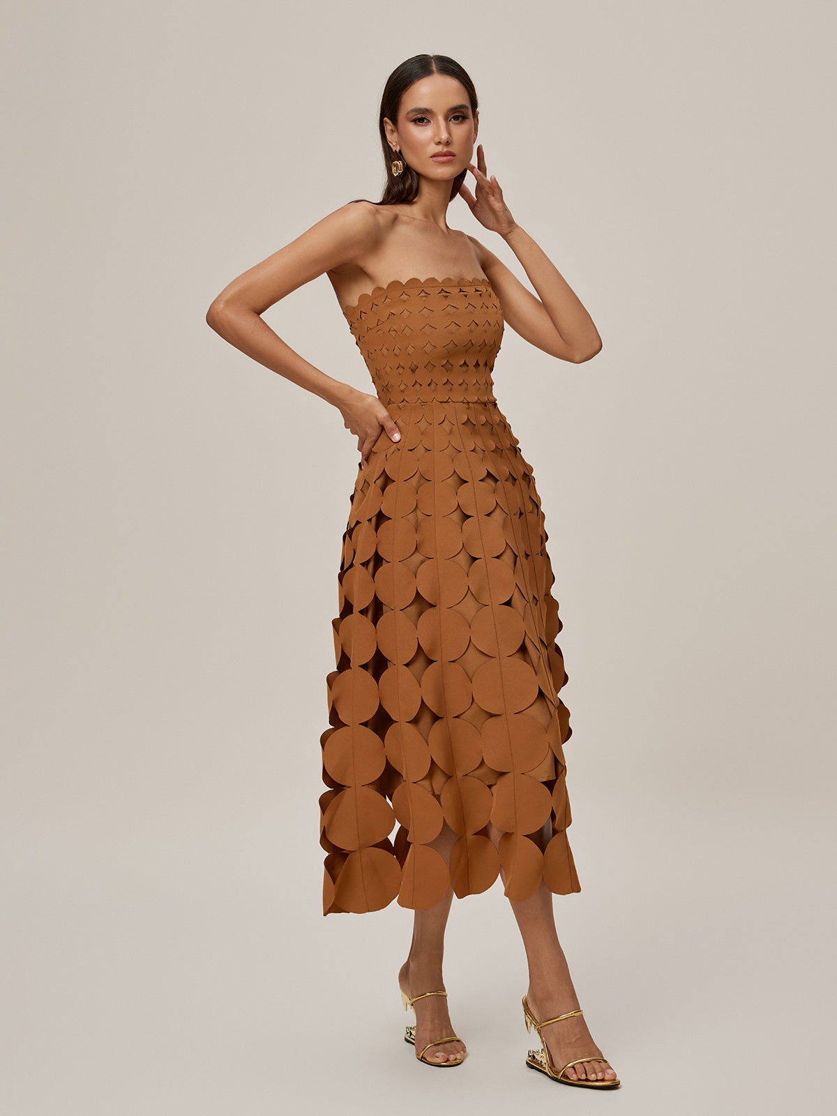 Strapless Laser Cut Circular Applique Scalloped Neckline Midi Dress 5