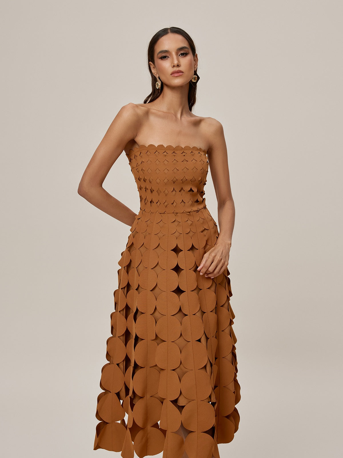 Strapless Laser Cut Circular Applique Scalloped Neckline Midi Dress 4