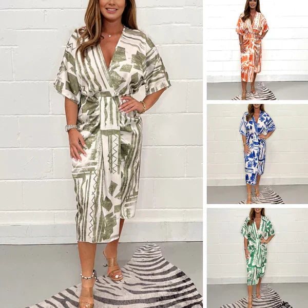 Abstract Geometric Print Wrap Kimono Sleeve Tie Waist Midi Dress
