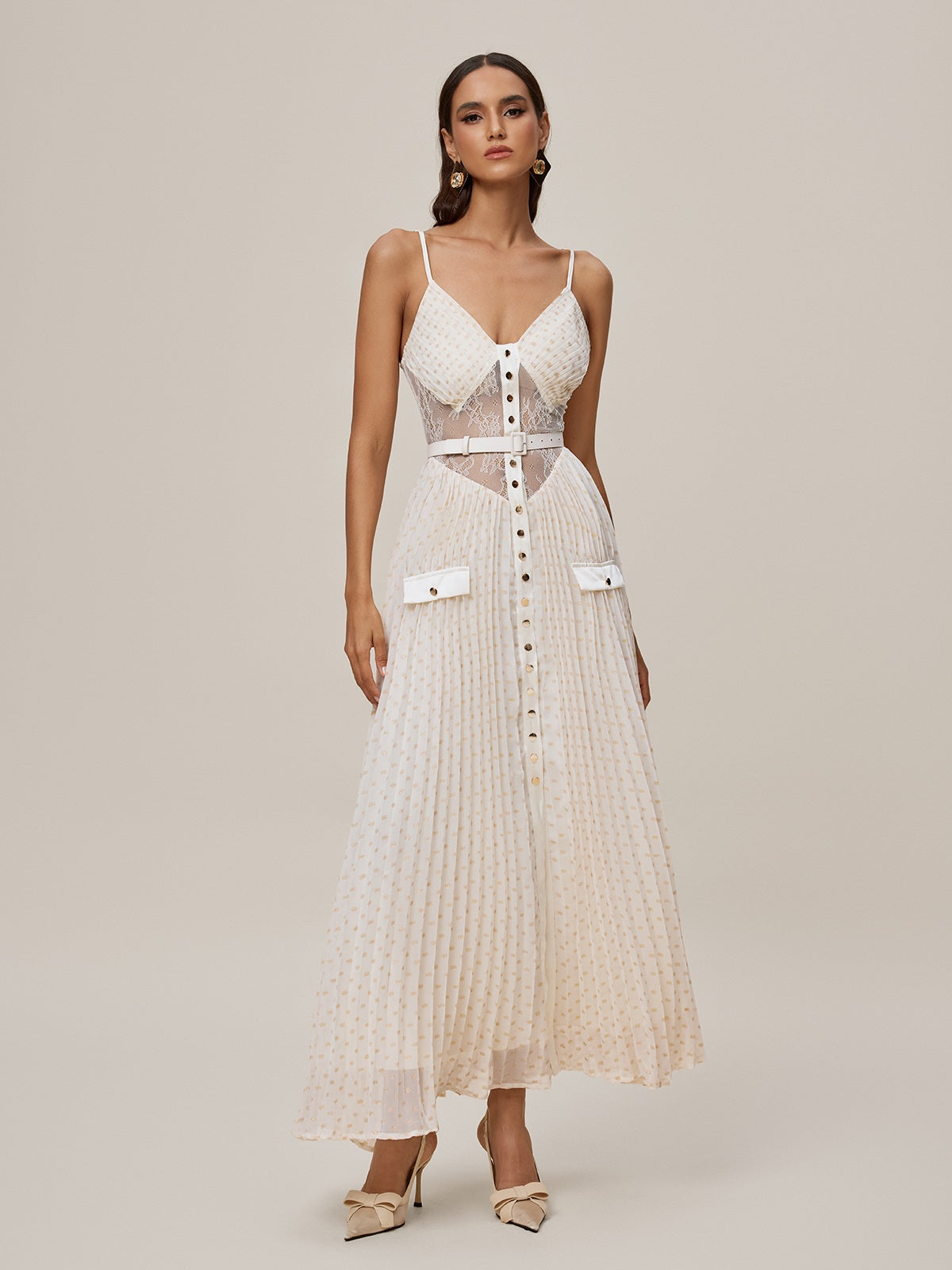 Spaghetti Strap V-Neck Lace Waist Belt Button Front Pleated Maxi Dress
