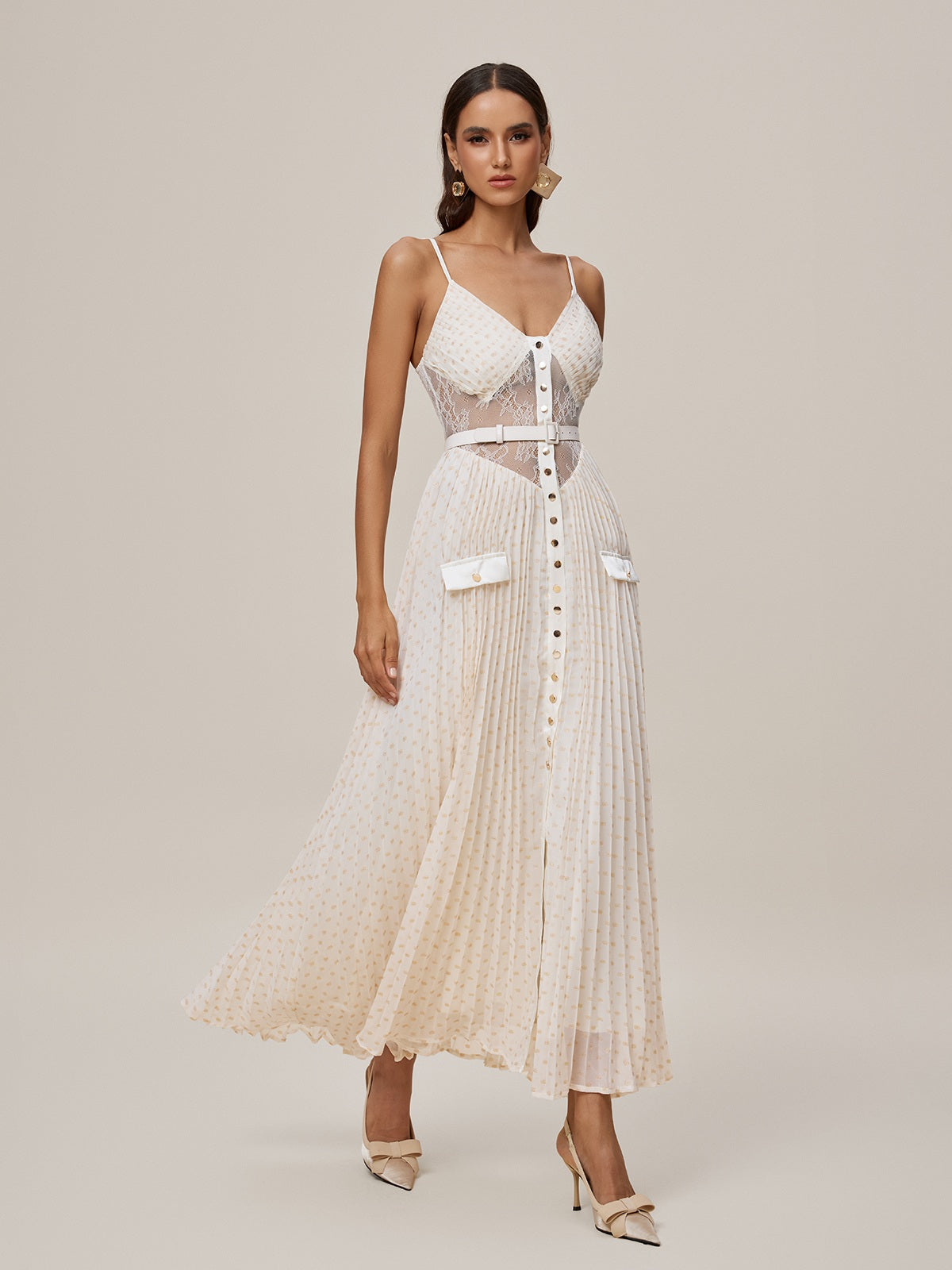Spaghetti Strap V-Neck Lace Waist Belt Button Front Pleated Maxi Dress 2