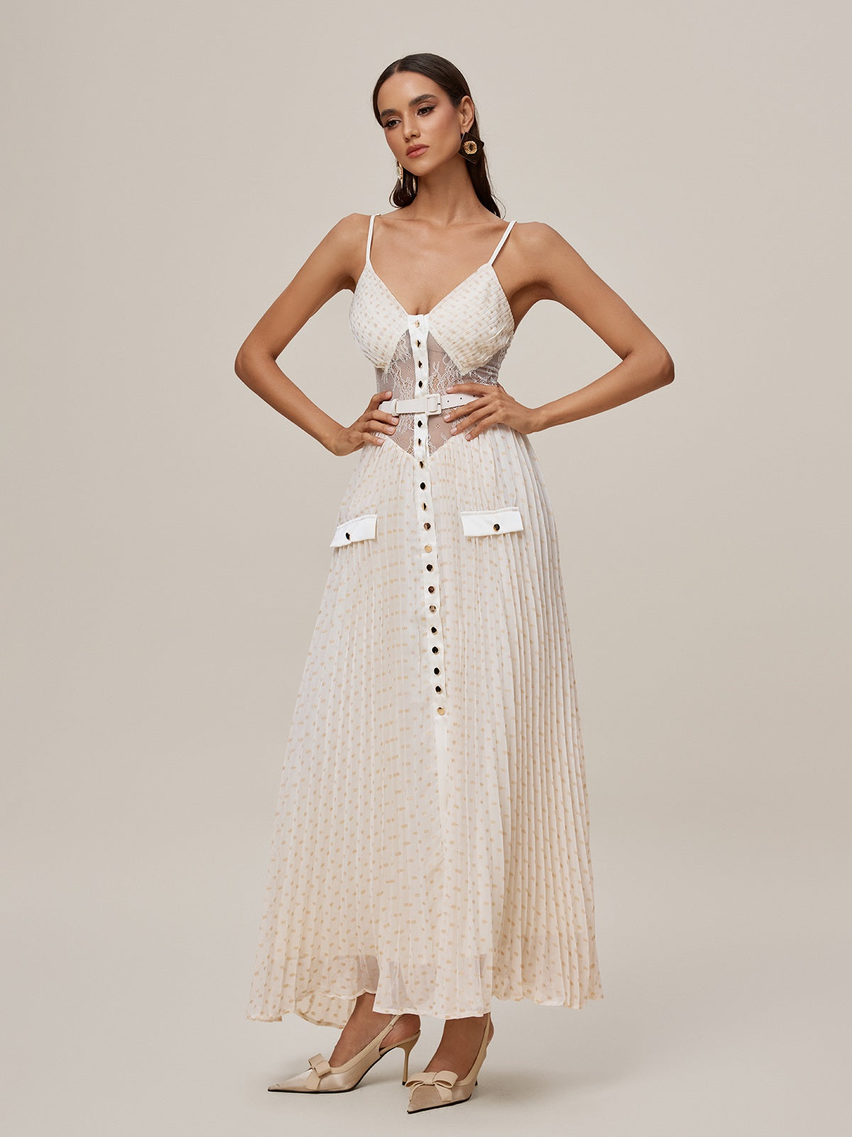 Spaghetti Strap V-Neck Lace Waist Belt Button Front Pleated Maxi Dress 5