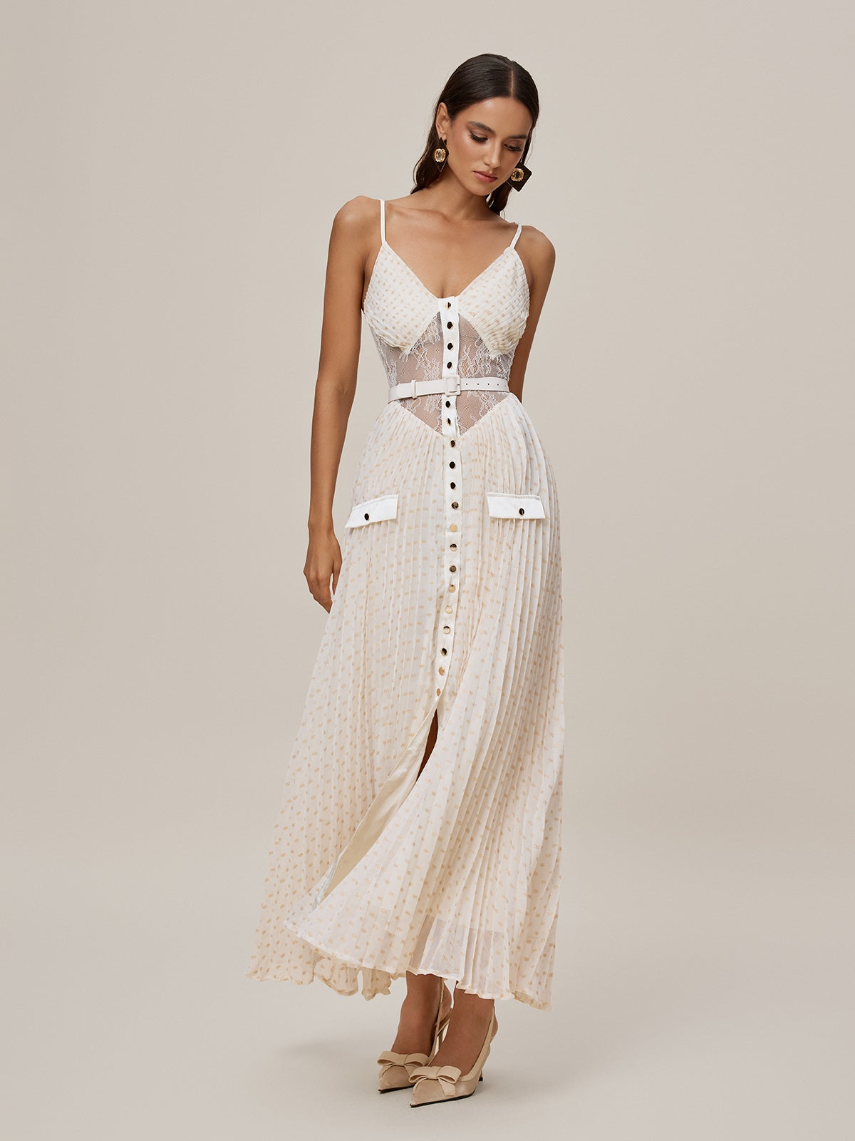 Spaghetti Strap V-Neck Lace Waist Belt Button Front Pleated Maxi Dress 4