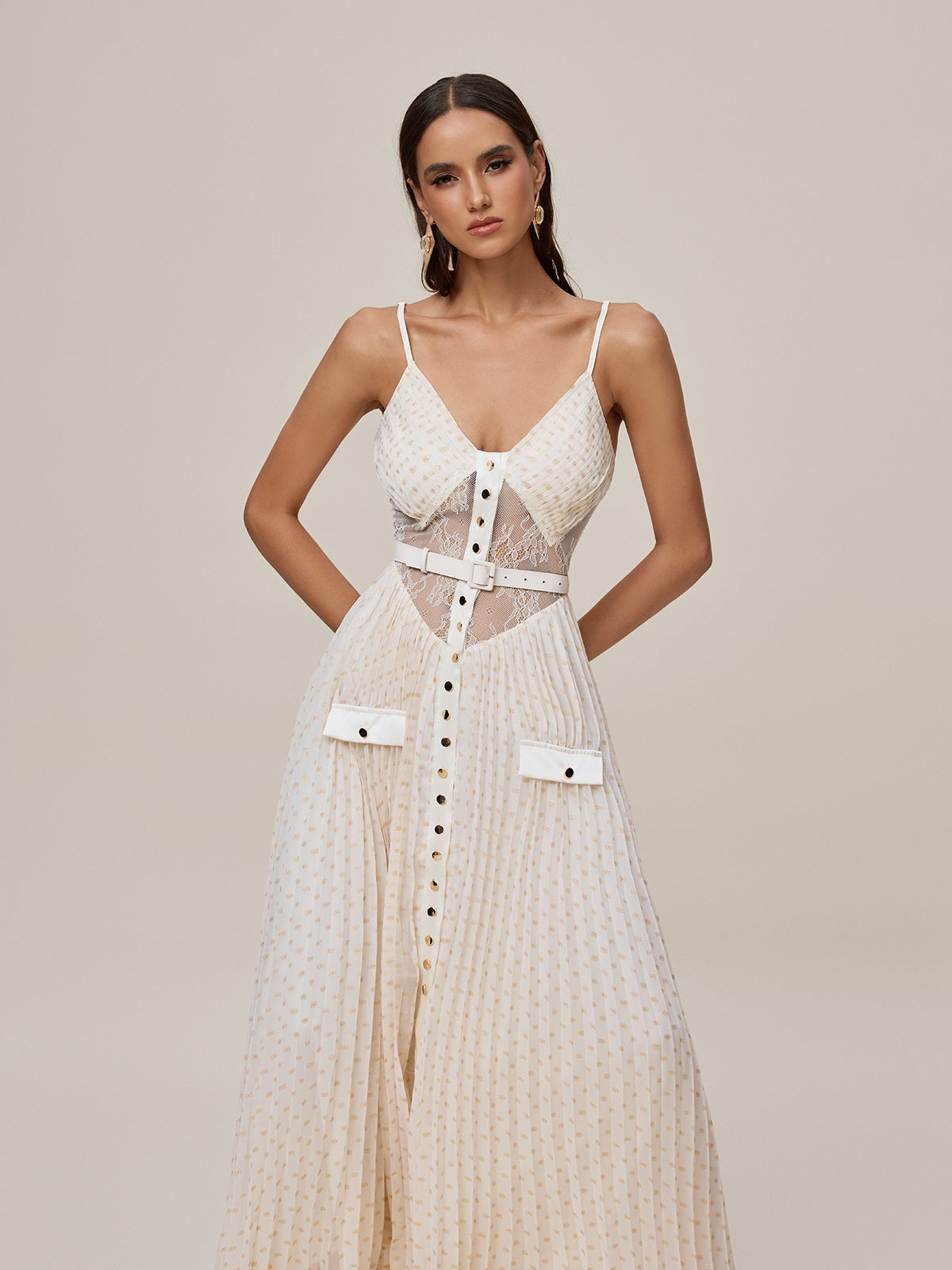 Spaghetti Strap V-Neck Lace Waist Belt Button Front Pleated Maxi Dress 3
