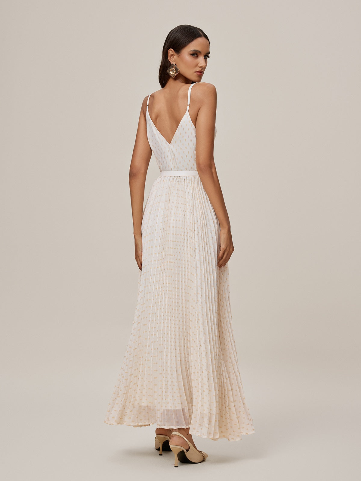 Spaghetti Strap V-Neck Lace Waist Belt Button Front Pleated Maxi Dress 6