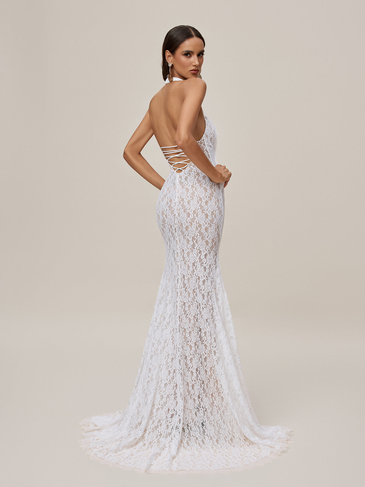 Halter Neck Scalloped Lace Collar Sleeveless Mermaid Lace Maxi Gown 6