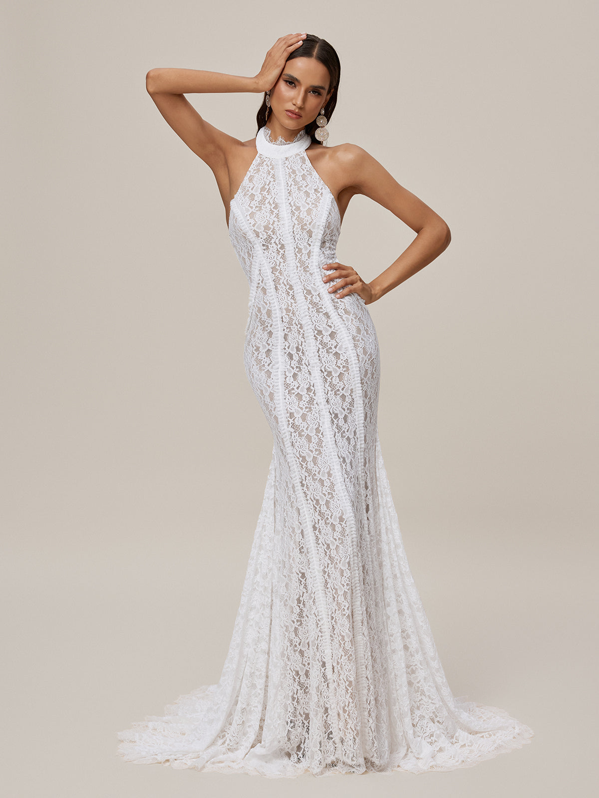 Halter Neck Scalloped Lace Collar Sleeveless Mermaid Lace Maxi Gown 4
