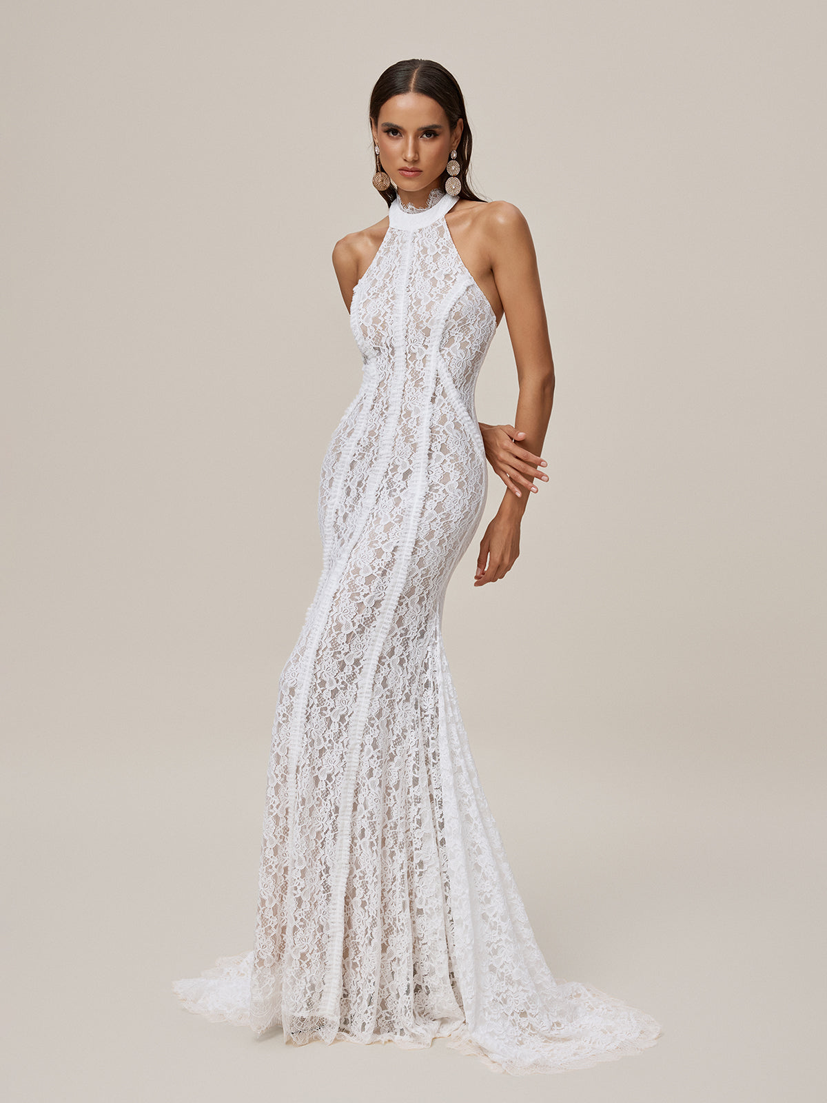 Halter Neck Scalloped Lace Collar Sleeveless Mermaid Lace Maxi Gown