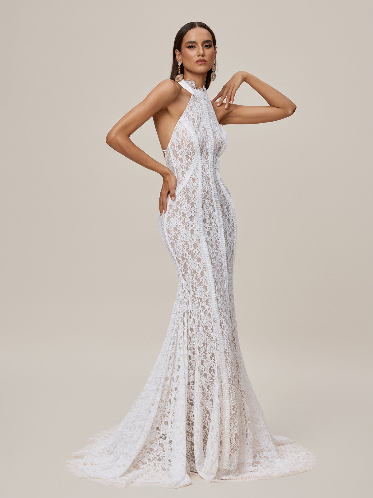 Halter Neck Scalloped Lace Collar Sleeveless Mermaid Lace Maxi Gown 5