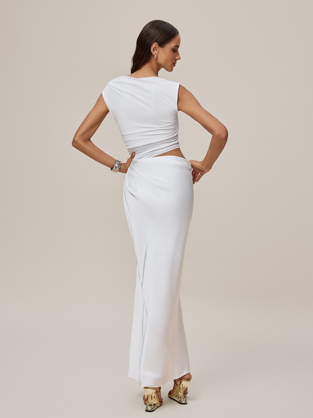 Asymmetric Neck Ruched Mesh Panel Waist Cutout Satin Maxi Dress 6