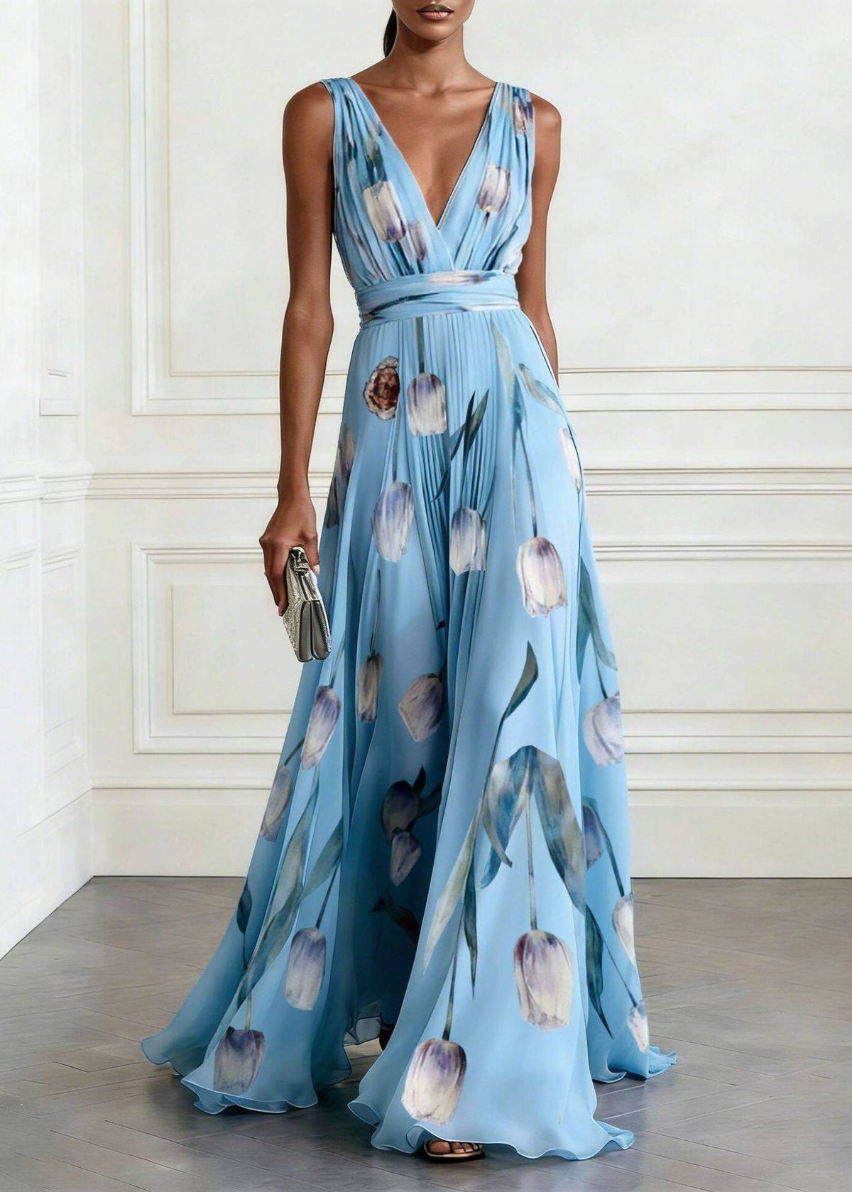 Deep V Neck Cummerbund Waist Tulip Print Pleated Chiffon Maxi Gown