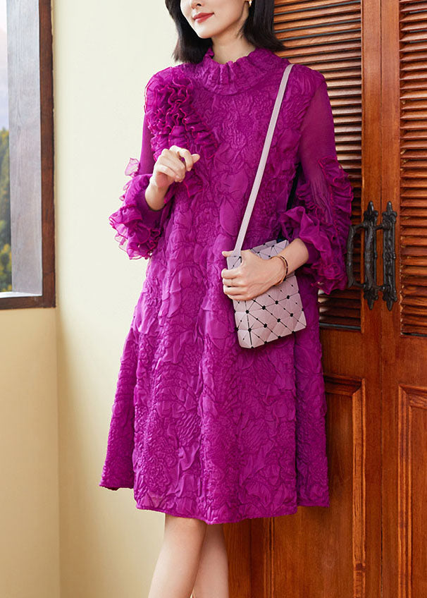 Ruffle Mock Neck Cascading Ruffle Bishop Sleeve Crinkle Textured Knee Dress 3
