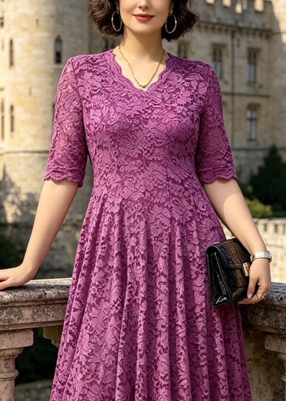 V-Neck Floral Lace Fit and Flare Scalloped Cuff Midi Dress 2