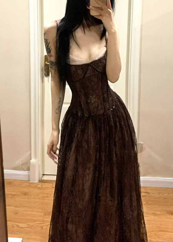 Corset Bodice Sheer Lace Overlay Sweetheart Neck Floral Lace Maxi Gown
