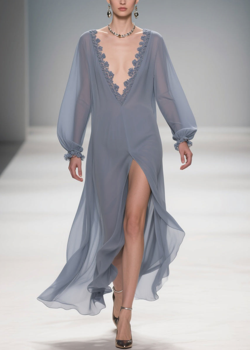 Deep V-Neck Lace Side Open Lantern Sleeve Maxi Dress