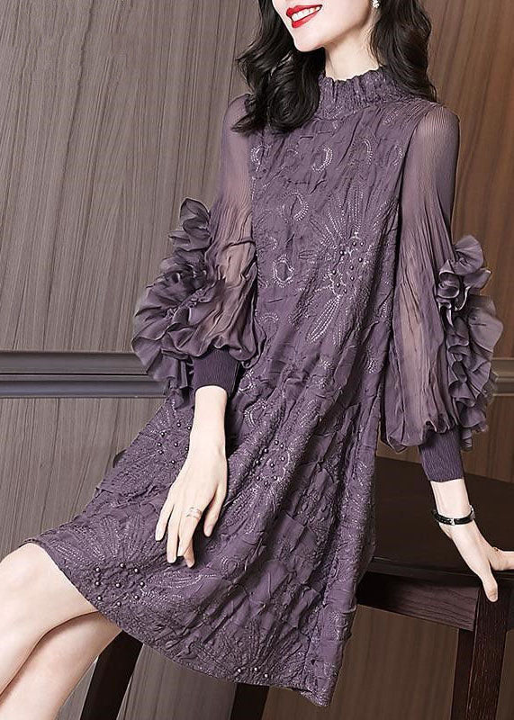 Mock Neck Frill Tiered Ruffle Mesh Sleeve Beaded Textured Floral Mini Dress