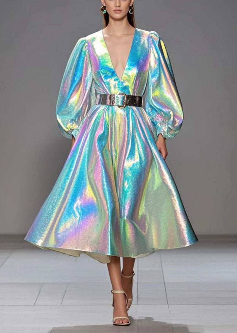 Deep V-Neck Puff Sleeve Iridescent Metallic Pleated Midi Dress 2