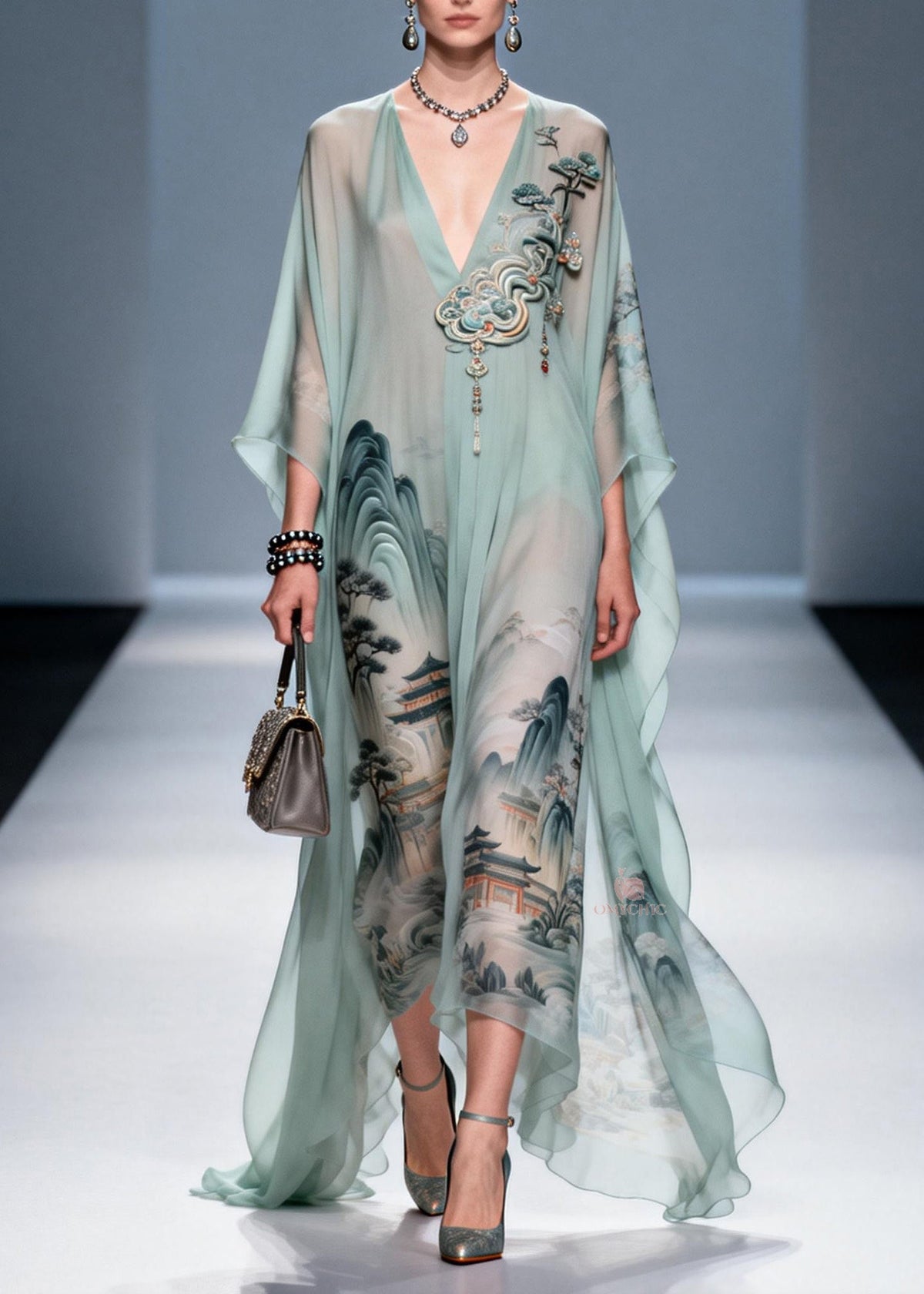 Deep V-Neck Embroidered Cloud Motif Landscape Print Wing Sleeve Kaftan Gown