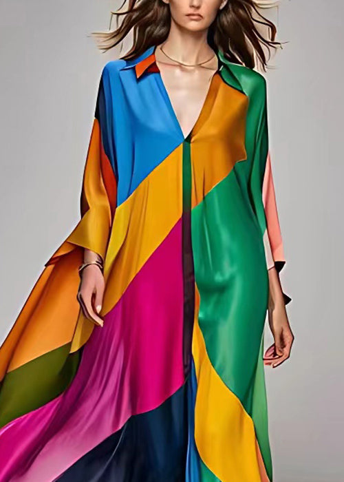Deep V-Neck Patchwork Contrast Cuff Long Sleeve Maxi Dress 3