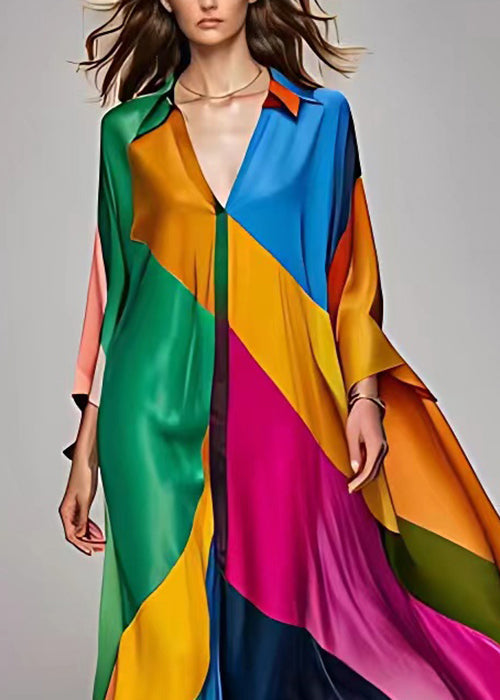 Deep V-Neck Patchwork Contrast Cuff Long Sleeve Maxi Dress 4
