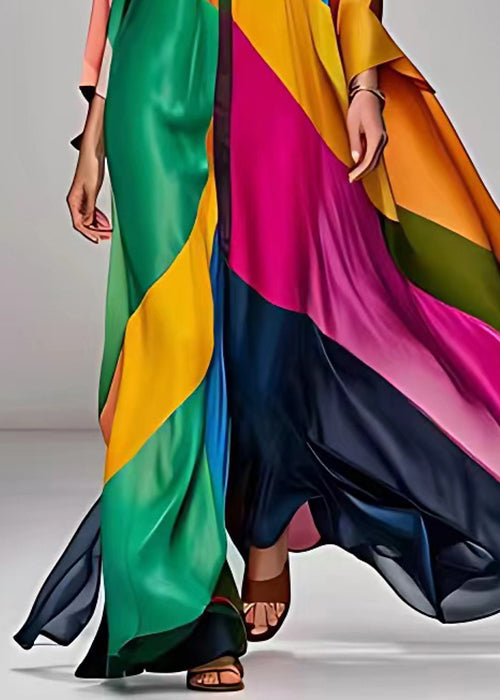 Deep V-Neck Patchwork Contrast Cuff Long Sleeve Maxi Dress 5