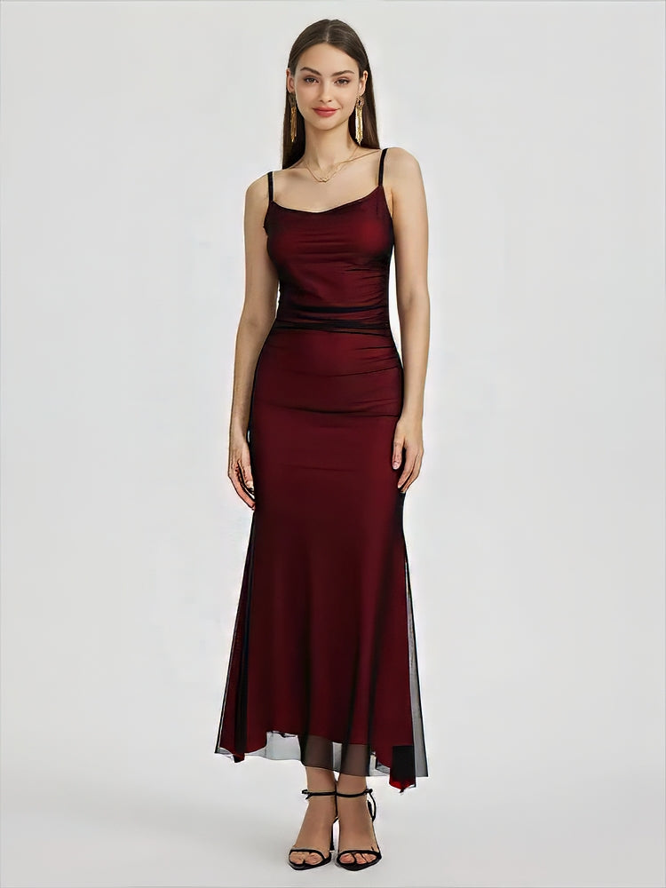 Spaghetti Strap Sheer Overlay Horizontal Ruched Maxi Gown