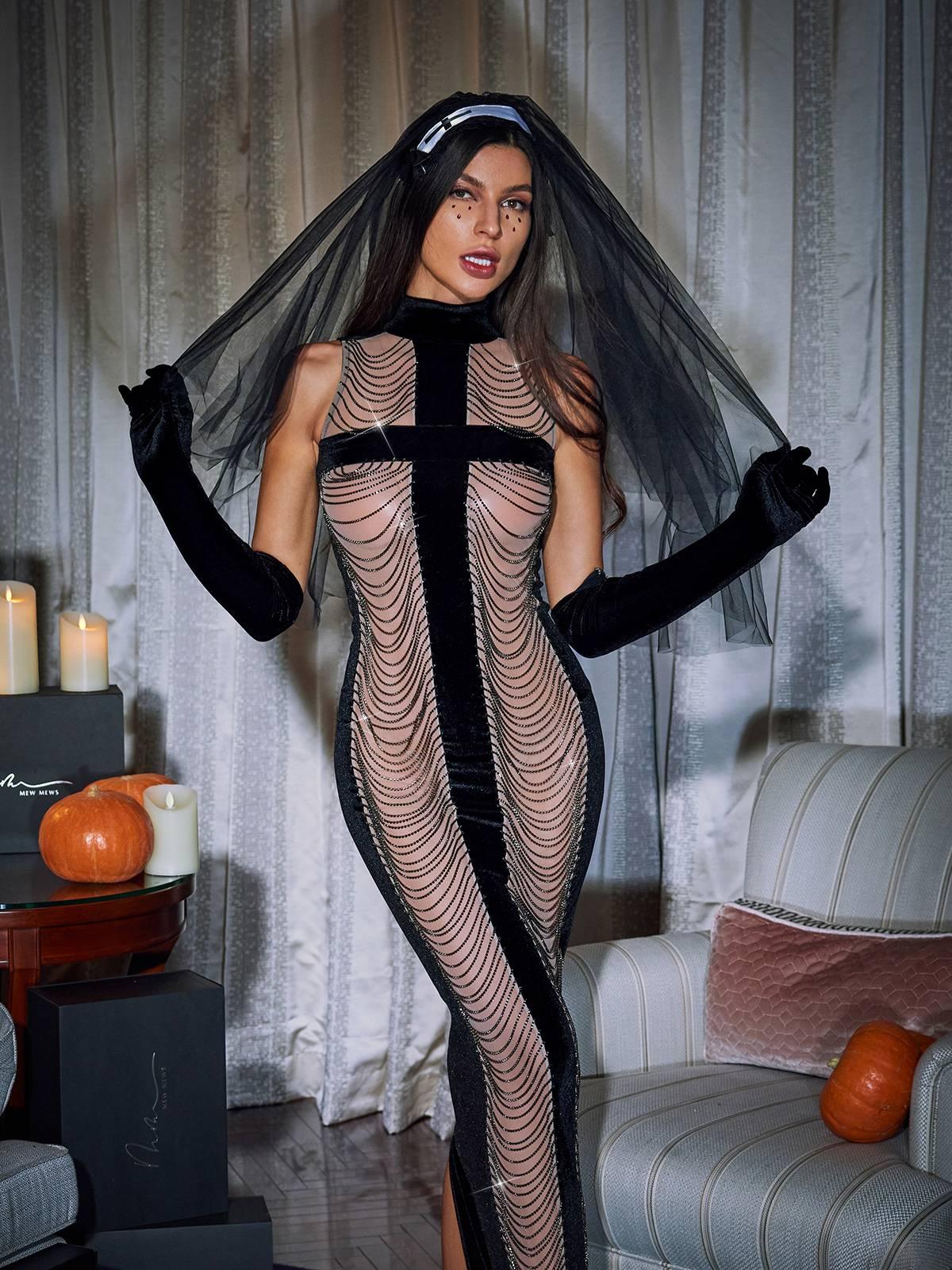 High Neck Cross Applique Chain Drape Mesh Maxi Dress With Opera Gloves And Veil