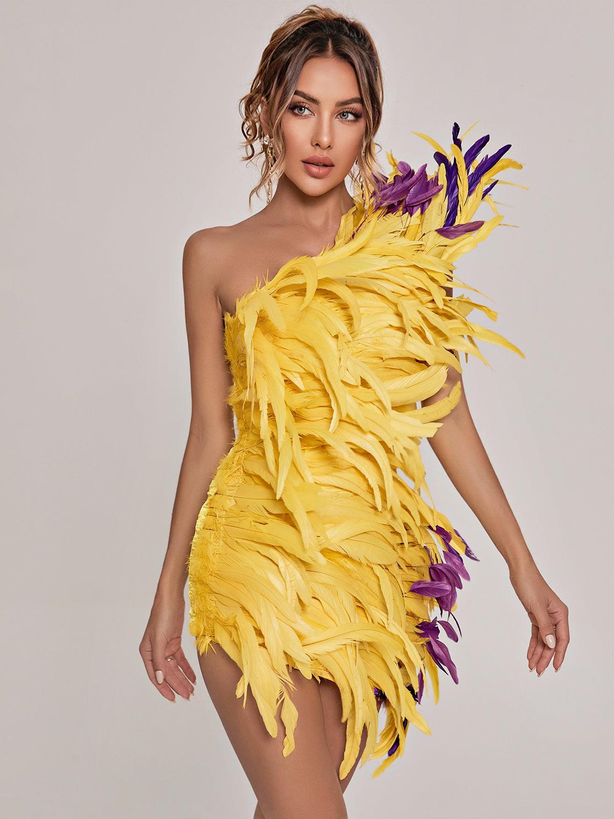 One Shoulder Asymmetric Feather Trim Bandage Mini Dress