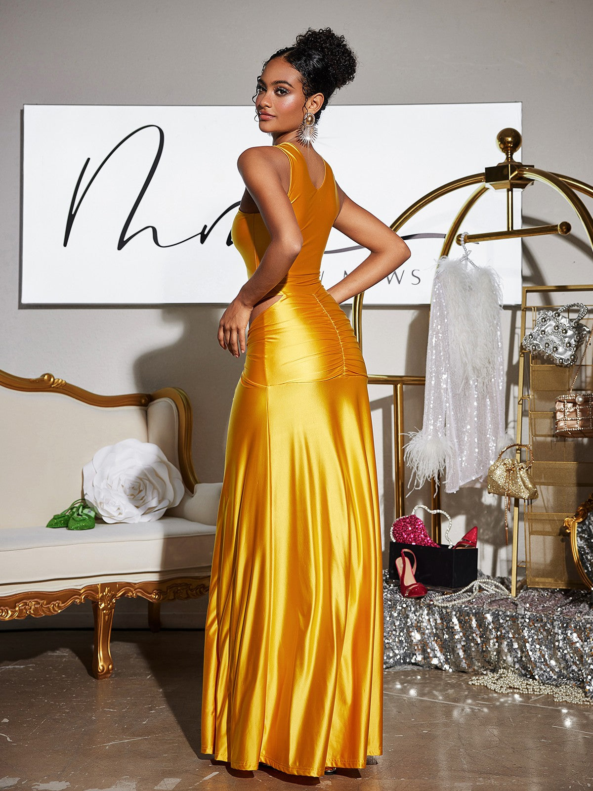 Halter Neck Starburst Brooch Waist Cutout Ruched Satin Column Maxi Gown 6