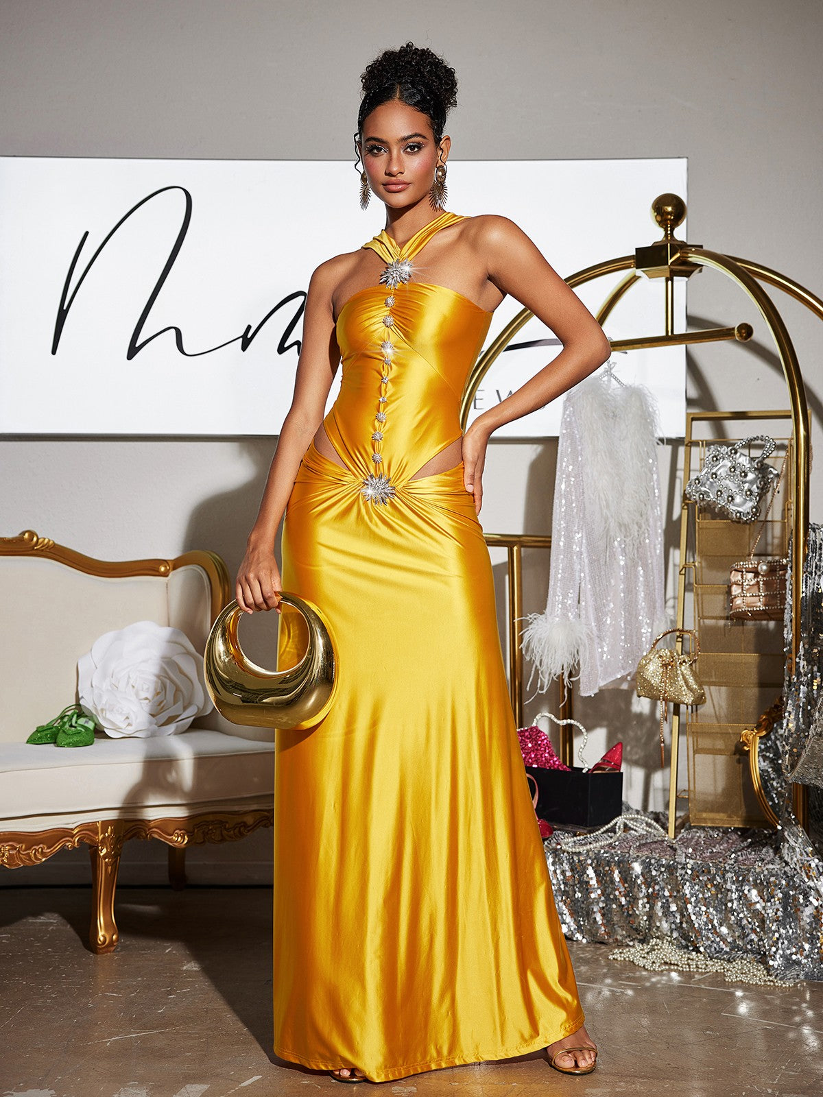 Halter Neck Starburst Brooch Waist Cutout Ruched Satin Column Maxi Gown 4