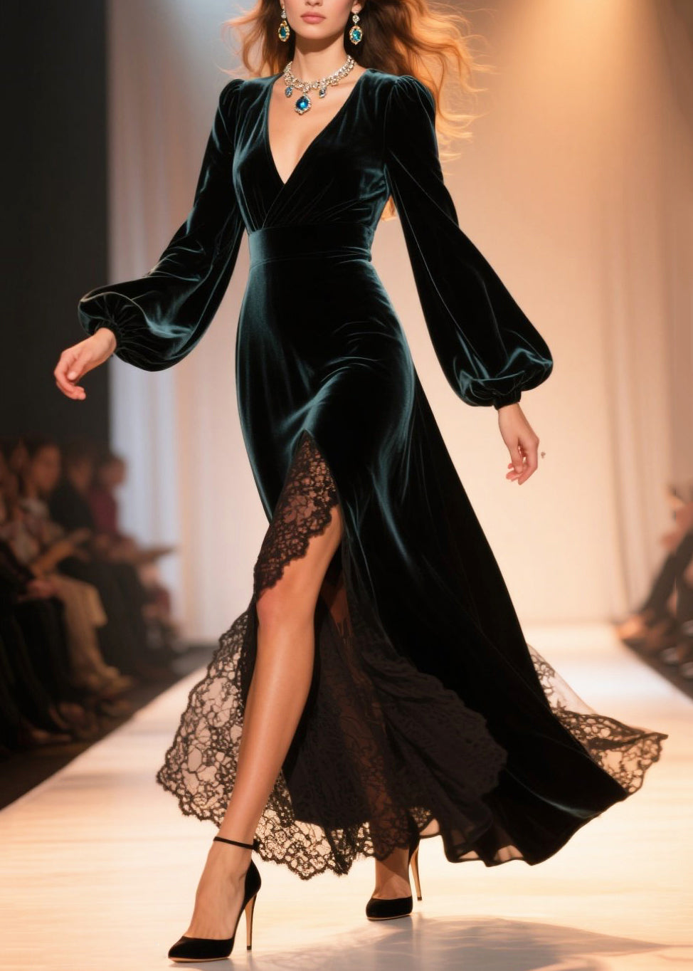 Surplice V-Neck Bishop Sleeve Lace Trim High Slit Velvet Maxi Gown 3