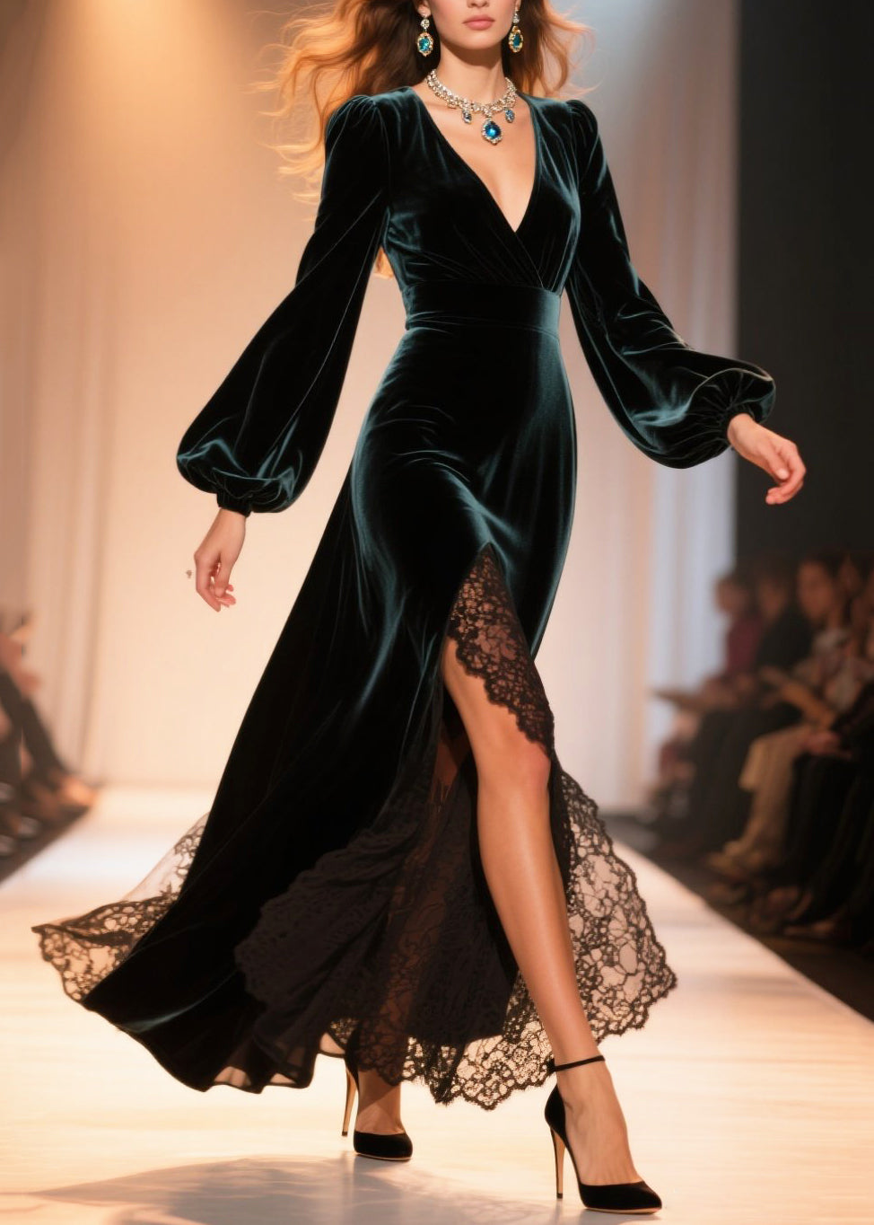 Surplice V-Neck Bishop Sleeve Lace Trim High Slit Velvet Maxi Gown 5