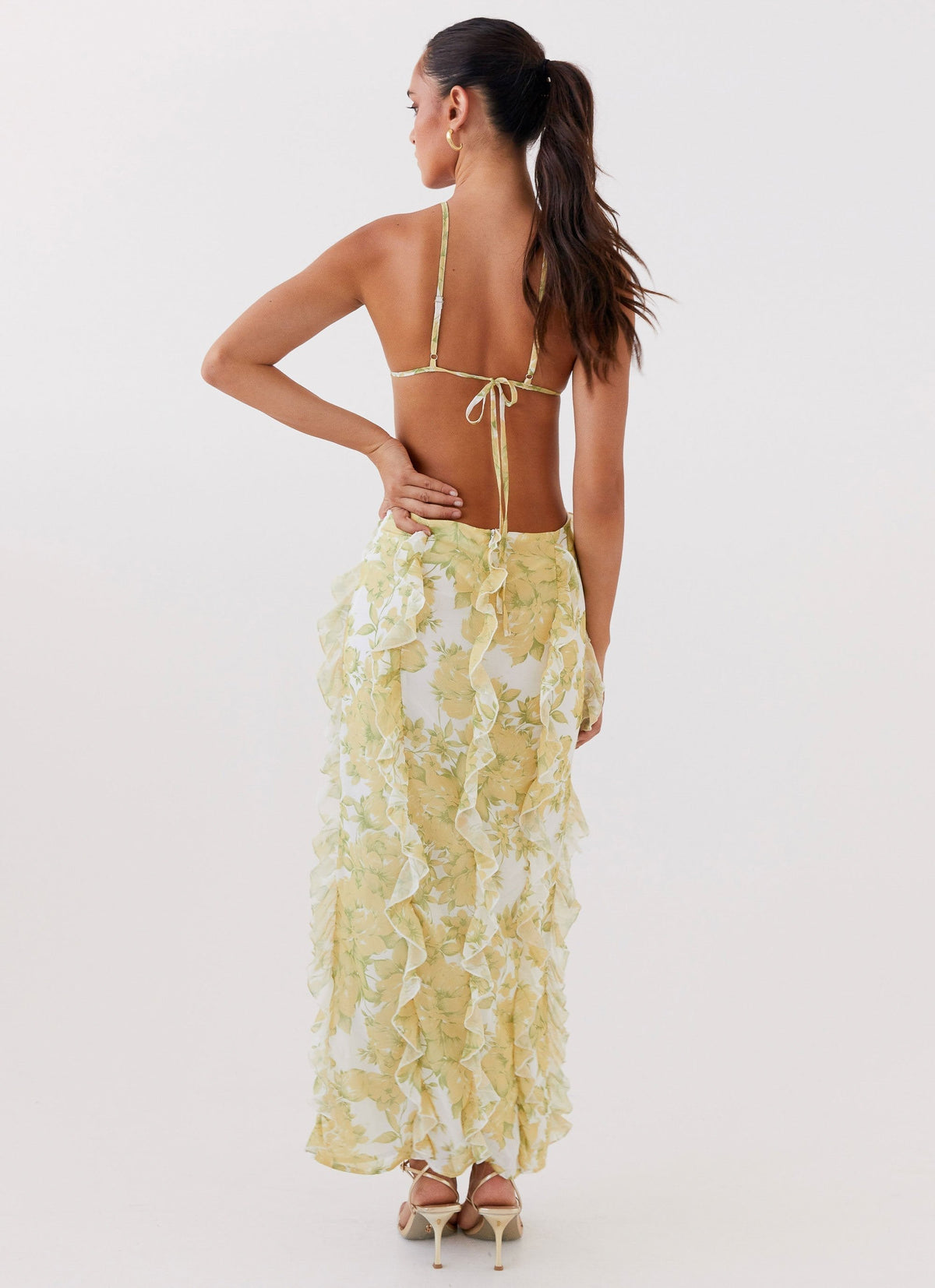 Spaghetti Strap Tiered Ruffle Column Maxi Gown 3