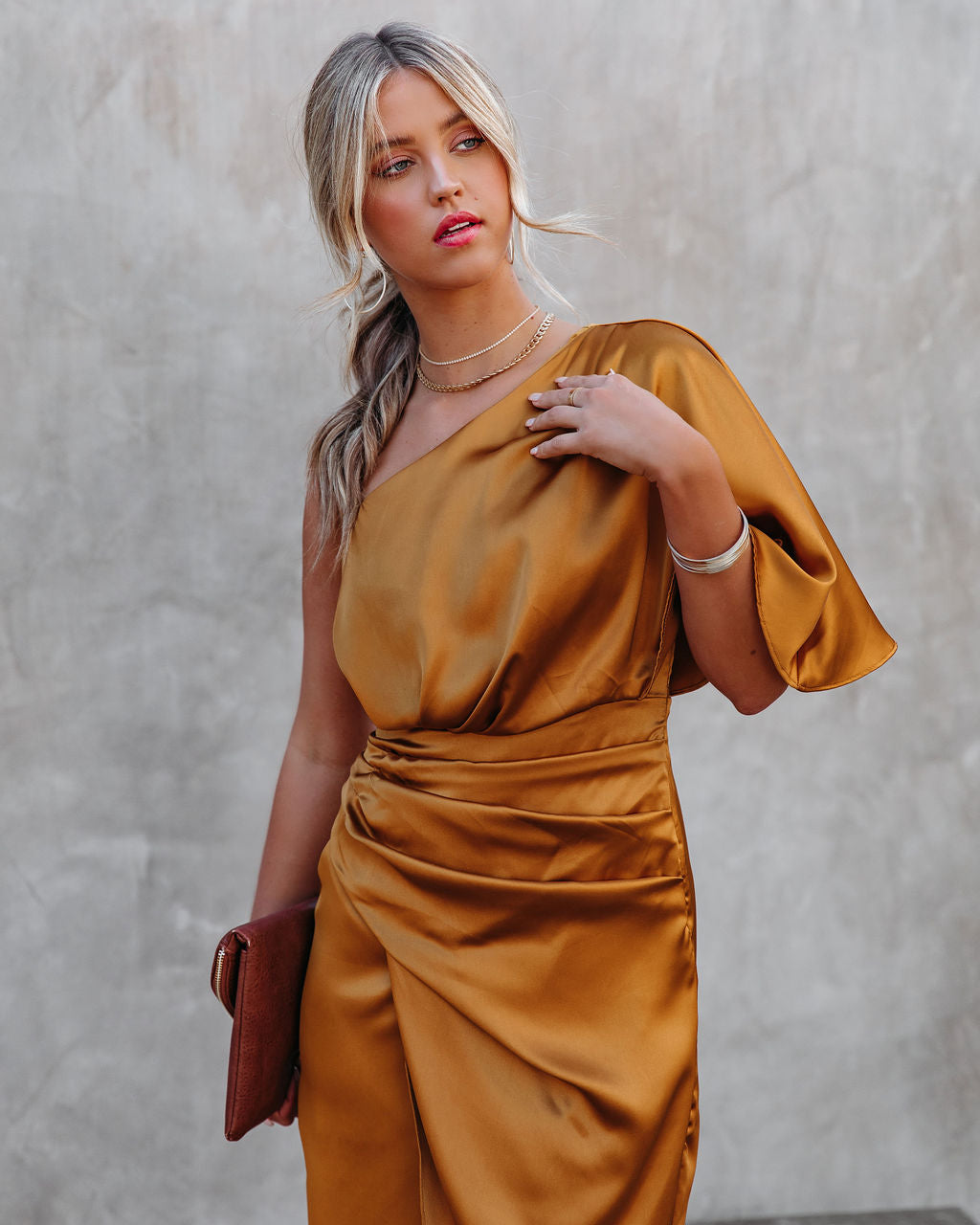 One Shoulder Flutter Sleeve Ruched Satin Wrap Tulip Midi Dress 8