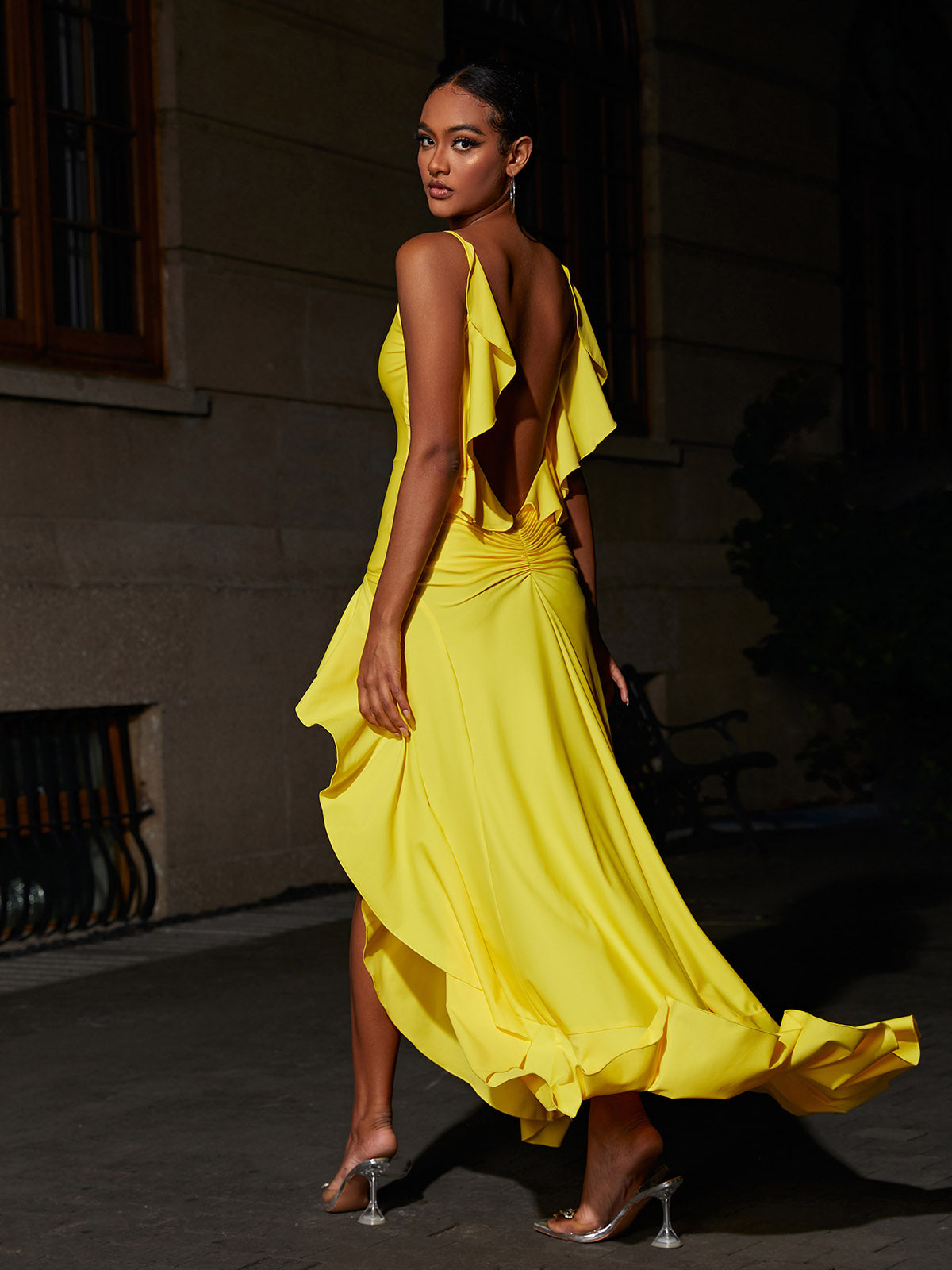 Open Back Ruffled Strap Maxi Dress with High Low Ruffle Hem