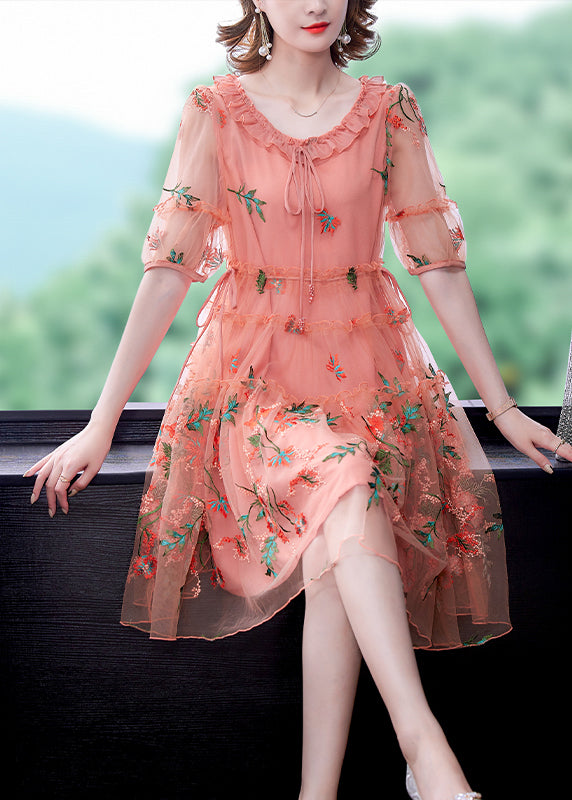 V Neck Tie Front Puff Sleeve Tiered Embroidered Mesh Midi Dress