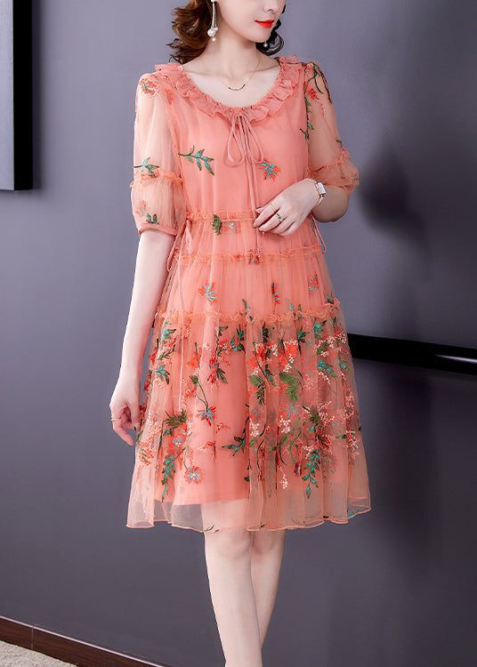 V Neck Tie Front Puff Sleeve Tiered Embroidered Mesh Midi Dress 3