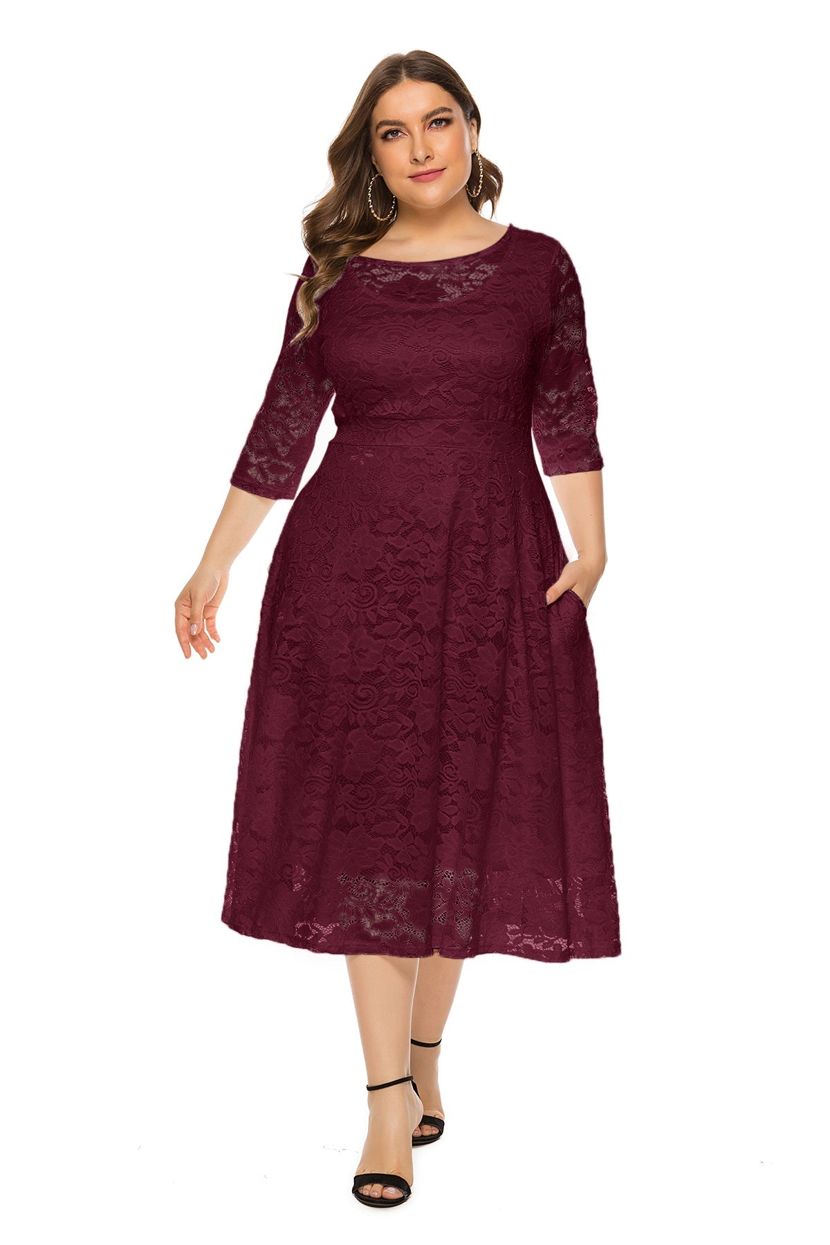 Floral Lace Overlay Scoop Neck Three Quarter Sleeve Pocket Midi Dress