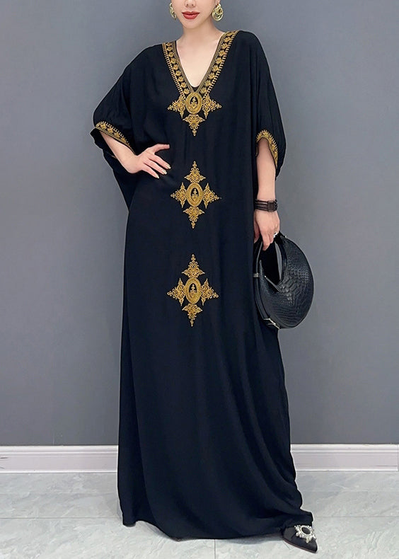 V-Neck Medallion Embroidered Batwing Sleeve Maxi Gown