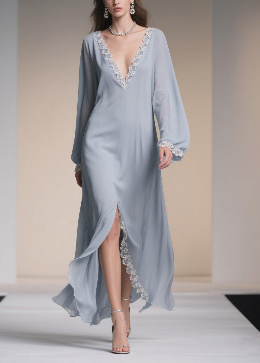 Lace Trim Deep V-Neck Bishop Sleeve Front Slit Chiffon Maxi Dress