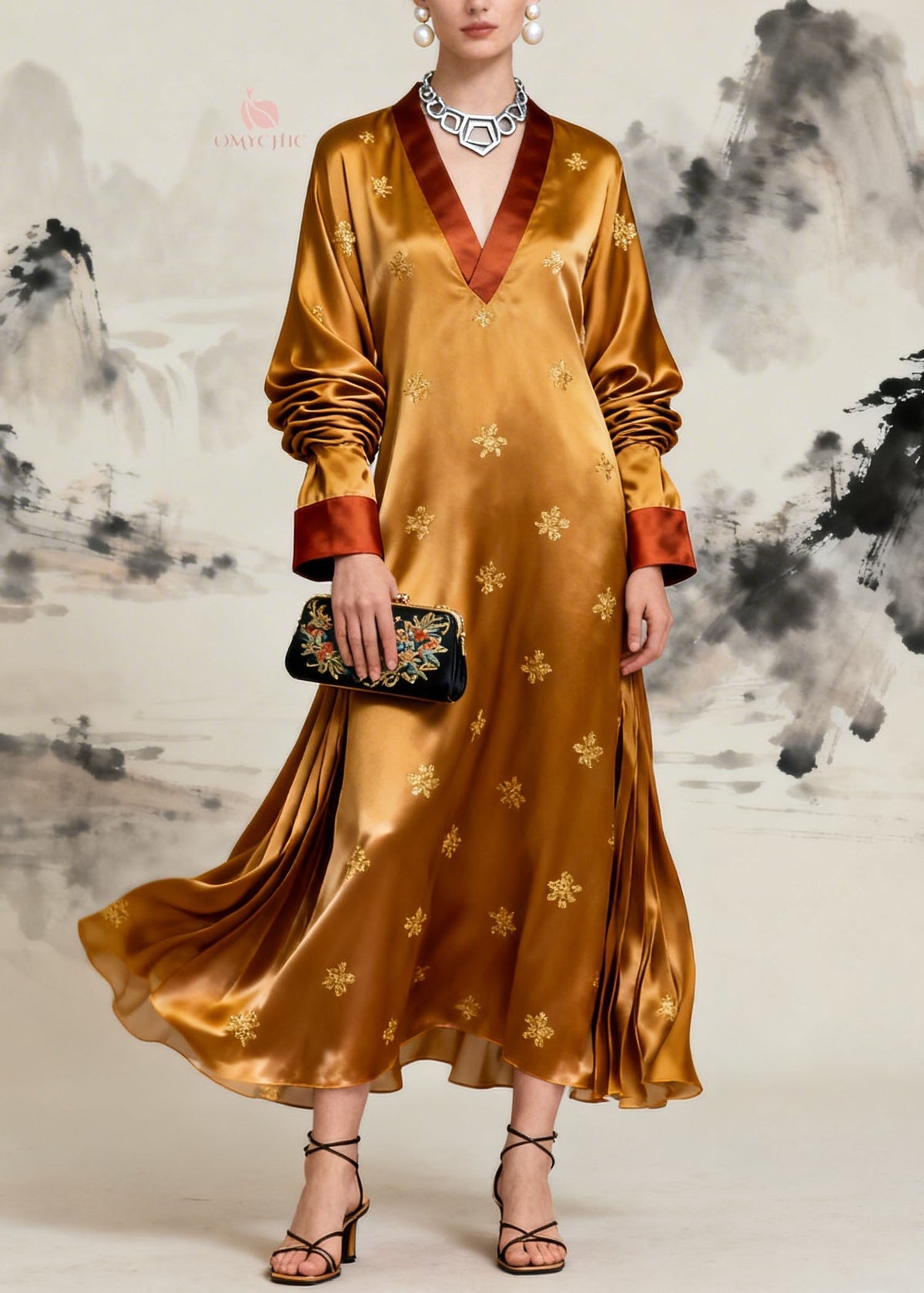 Deep V-Neck Patchwork Wide Sleeve Maxi Kaftan Dress 5