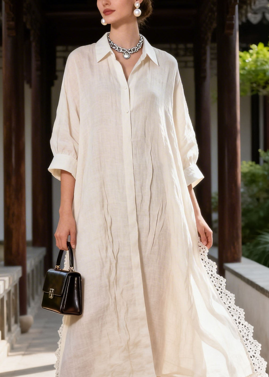 Collared Button Front Lace Trim Pintuck Linen Maxi Shirt Dress 2