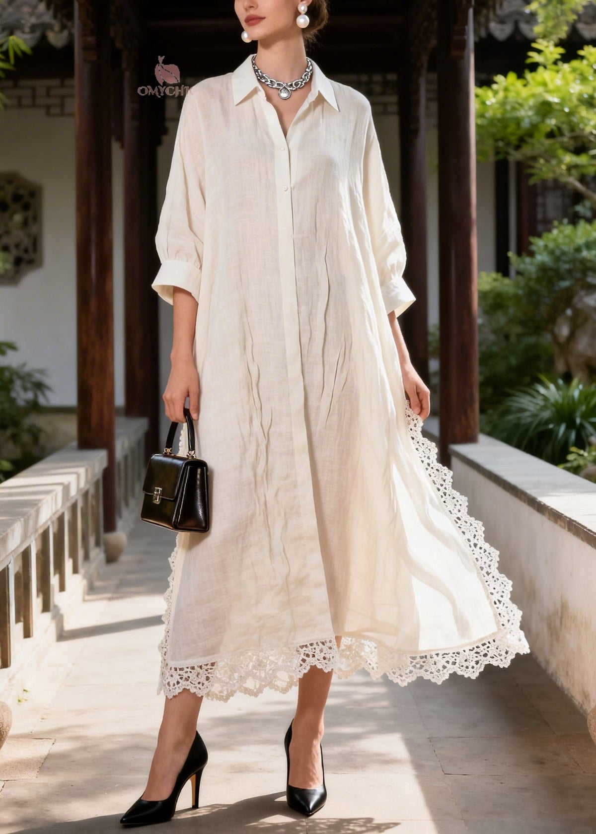 Collared Button Front Lace Trim Pintuck Linen Maxi Shirt Dress 5