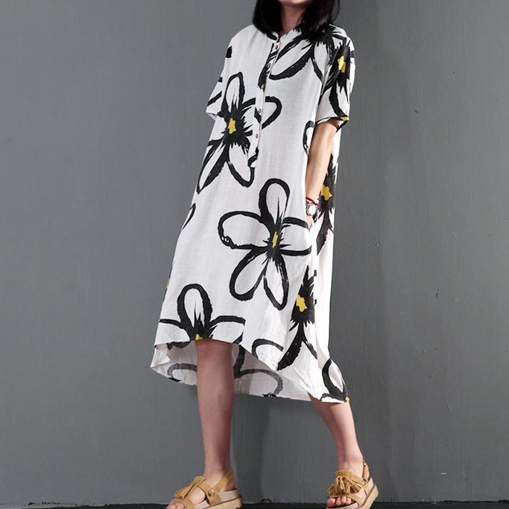 Henley Collar Short Sleeve Oversized Floral Brushstroke High Low Midi Dress 2